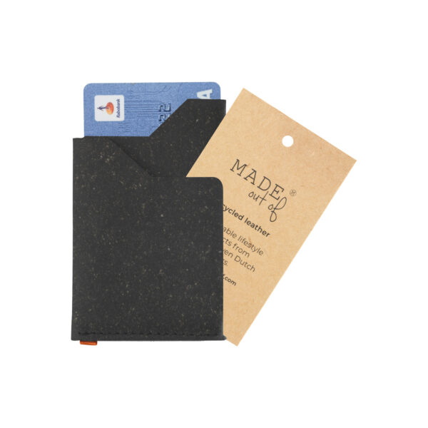 Porte-cartes en cuir recyclé, personnalisable par tampographie, disponible en bleu foncé, marron et noir, avec vue détaillée des options de marquage.