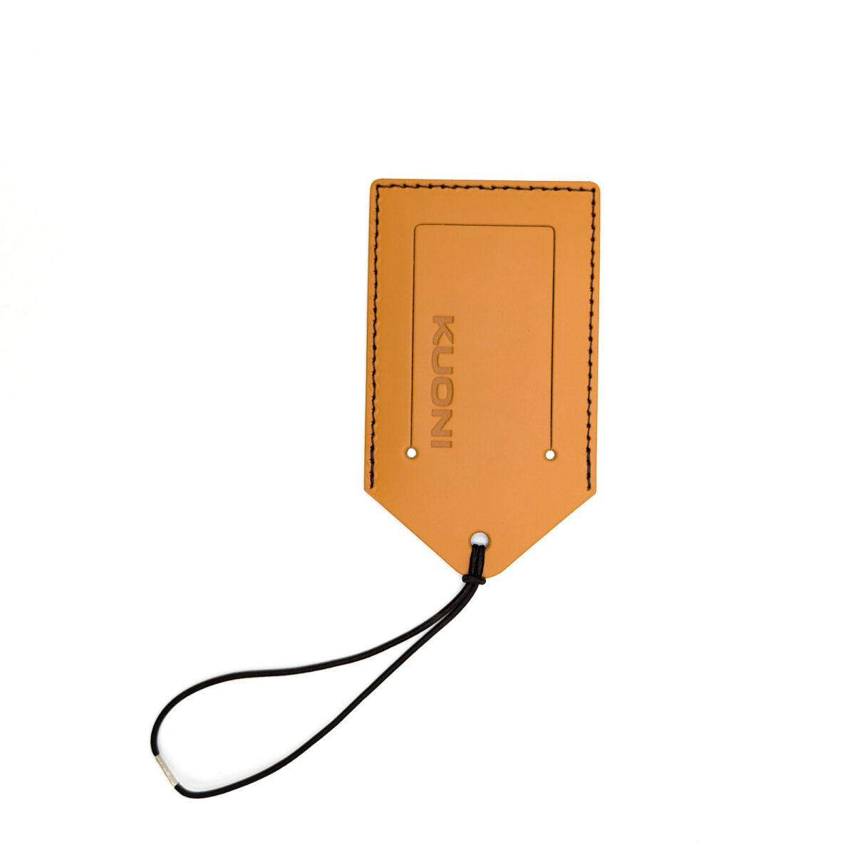 Étiquette à bagages en Cuir Recyclé, fabrication française en Synderme, personnalisable par embossage et fixation par élastique