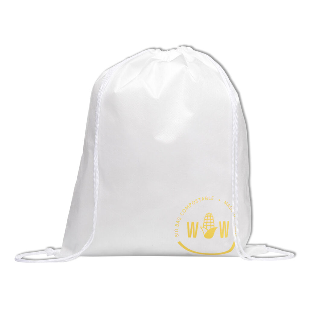 Sac à dos fabriqué à partir de déchets de maïs, utilisant du PLA (acide polylactique) 100% biodégradable et compostable. Personnalisation en sérigraphie (1 ou 2 couleurs) sur une zone de marquage de 250 x 200 mm. Dimensions : 37 x 46 cm – Poids : 42g – Capacité : 8L – Couleur : blanc.