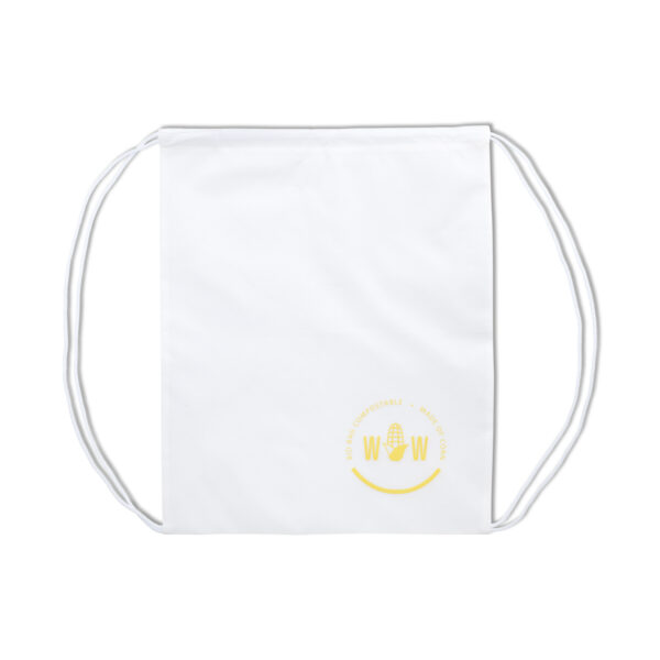 Sac à dos fabriqué à partir de déchets de maïs, utilisant du PLA (acide polylactique) 100% biodégradable et compostable. Personnalisation en sérigraphie (1 ou 2 couleurs) sur une zone de marquage de 250 x 200 mm. Dimensions : 37 x 46 cm – Poids : 42g – Capacité : 8L – Couleur : blanc.