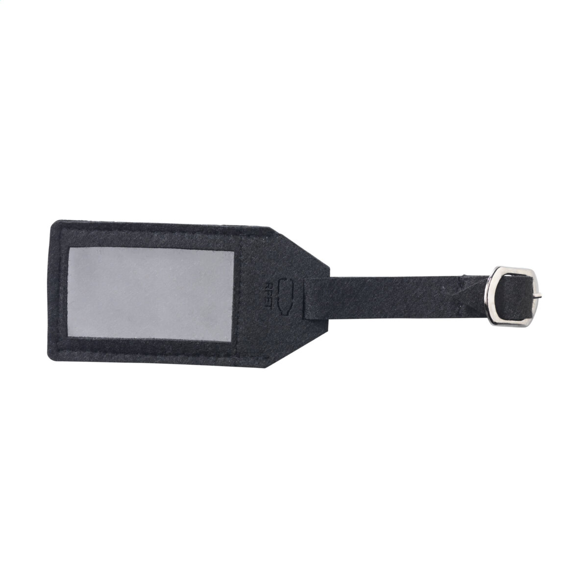 Étiquette de bagage en feutre RPET recyclé, idéale pour identifier facilement ses valises. Personnalisation en sérigraphie (1 couleur) sur une zone de marquage de 140 x 10 mm. Dimensions : 11 x 5.5 cm – Poids : 9g. Disponible en gris ou noir.
