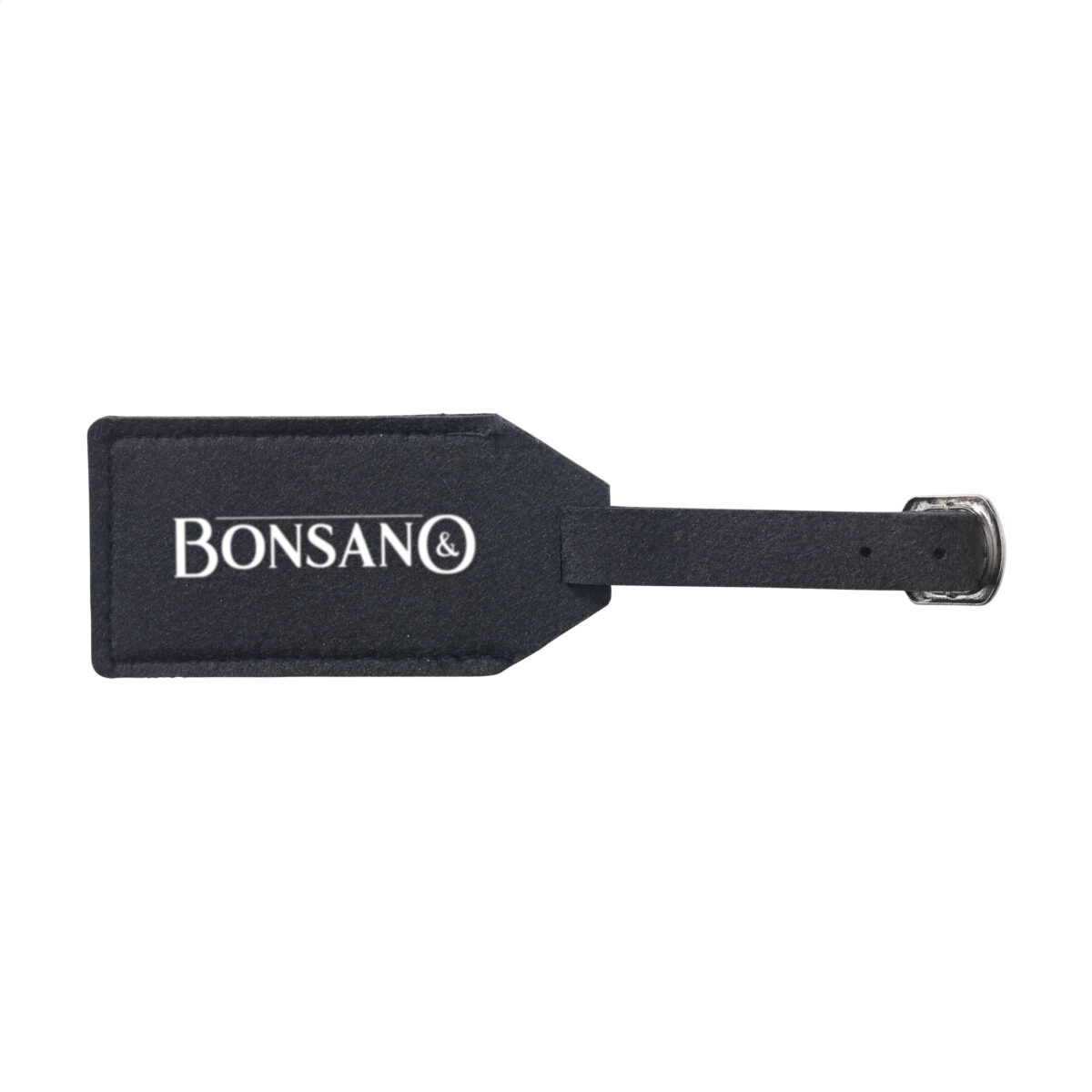 Étiquette de bagage en feutre RPET recyclé, idéale pour identifier facilement ses valises. Personnalisation en sérigraphie (1 couleur) sur une zone de marquage de 140 x 10 mm. Dimensions : 11 x 5.5 cm – Poids : 9g. Disponible en gris ou noir.