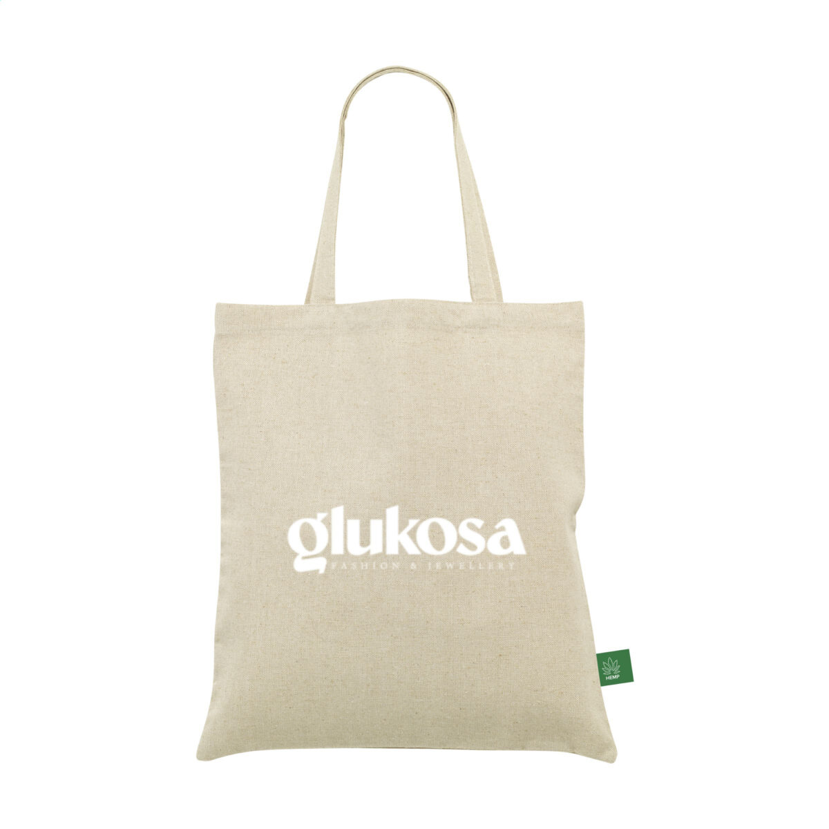 Tote bag en chanvre 250 g/m², léger et résistant, personnalisable en sérigraphie (1 ou 2 couleurs). Format 37 x 45 cm, anses longues et capacité de 8L.