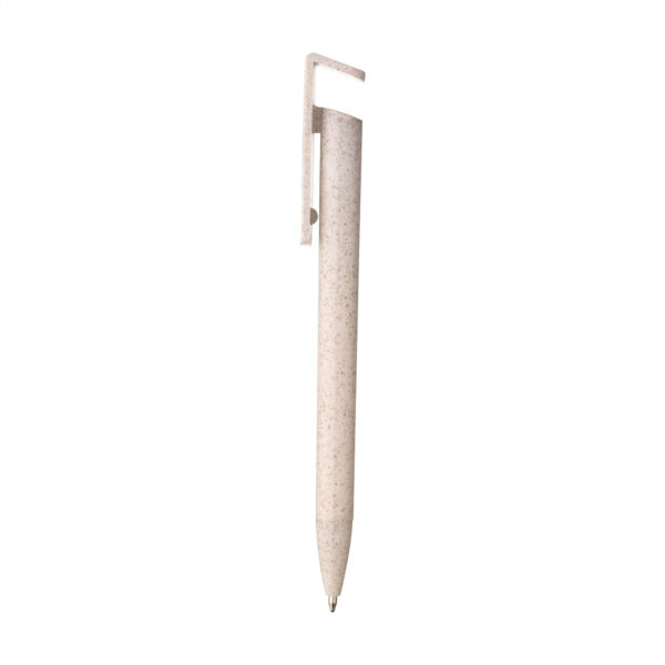Stylo bille écologique composé à 80 % de paille de blé, avec une fonction support de téléphone intégrée