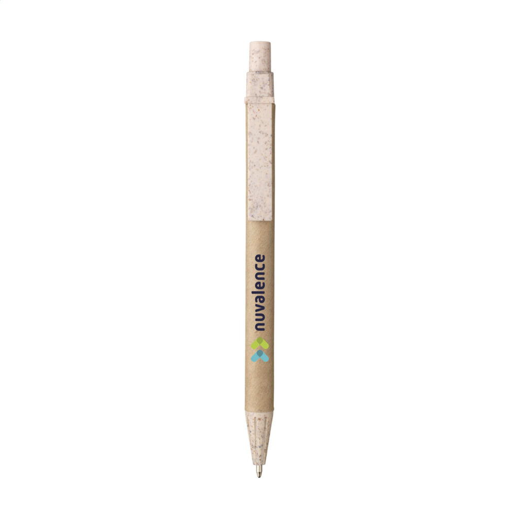 Stylo bille en déchets de blé et papier recyclé, personnalisable en tampographie (1 ou 2 couleurs). Léger, écoresponsable et disponible en naturel ou noir.