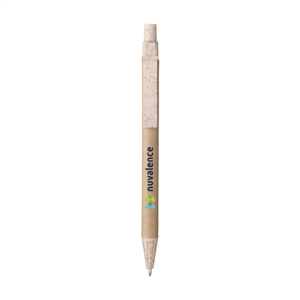 Stylo bille en déchets de blé et papier recyclé, personnalisable en tampographie (1 ou 2 couleurs). Léger, écoresponsable et disponible en naturel ou noir.