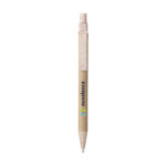 Stylo bille en déchets de blé et papier recyclé, personnalisable en tampographie (1 ou 2 couleurs). Léger, écoresponsable et disponible en naturel ou noir.