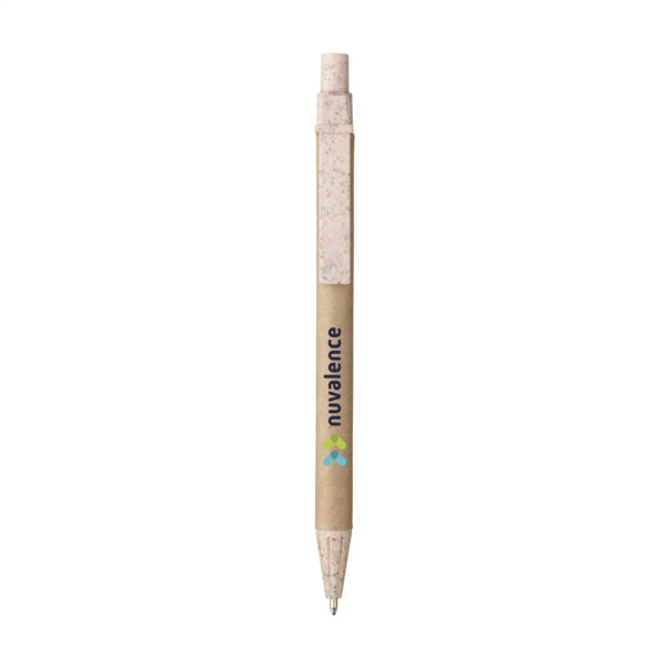 Stylo bille en déchets de blé et papier recyclé, personnalisable en tampographie (1 ou 2 couleurs). Léger, écoresponsable et disponible en naturel ou noir.