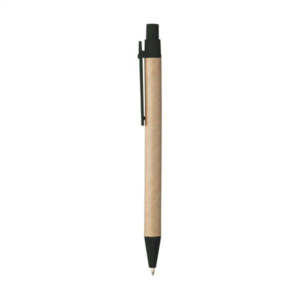 Stylo bille en déchets de blé et papier recyclé, personnalisable en tampographie (1 ou 2 couleurs). Léger, écoresponsable et disponible en naturel ou noir.
