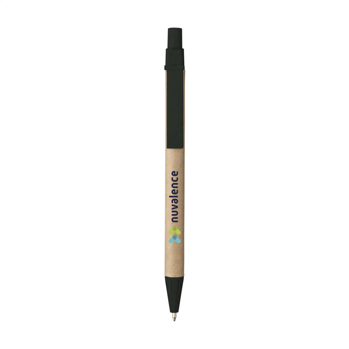 Stylo bille en déchets de blé et papier recyclé, personnalisable en tampographie (1 ou 2 couleurs). Léger, écoresponsable et disponible en naturel ou noir.