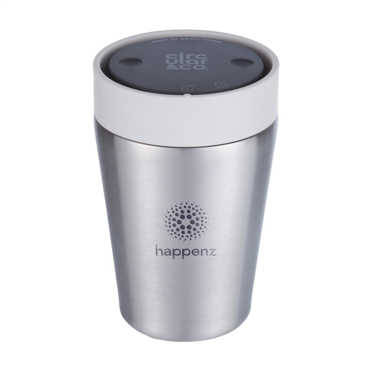 Tasse thermos réutilisable 225 ml, fabriquée en 98% d’acier inoxydable recyclé avec un couvercle innovant Quick-Click™. Personnalisation par gravure laser (avec ou sans nominatif) sur une zone de 35 x 35 mm. Dimensions : 8,4 x 12,8 cm – Poids : 231g – Disponible en blanc, bleu, vert et noir.