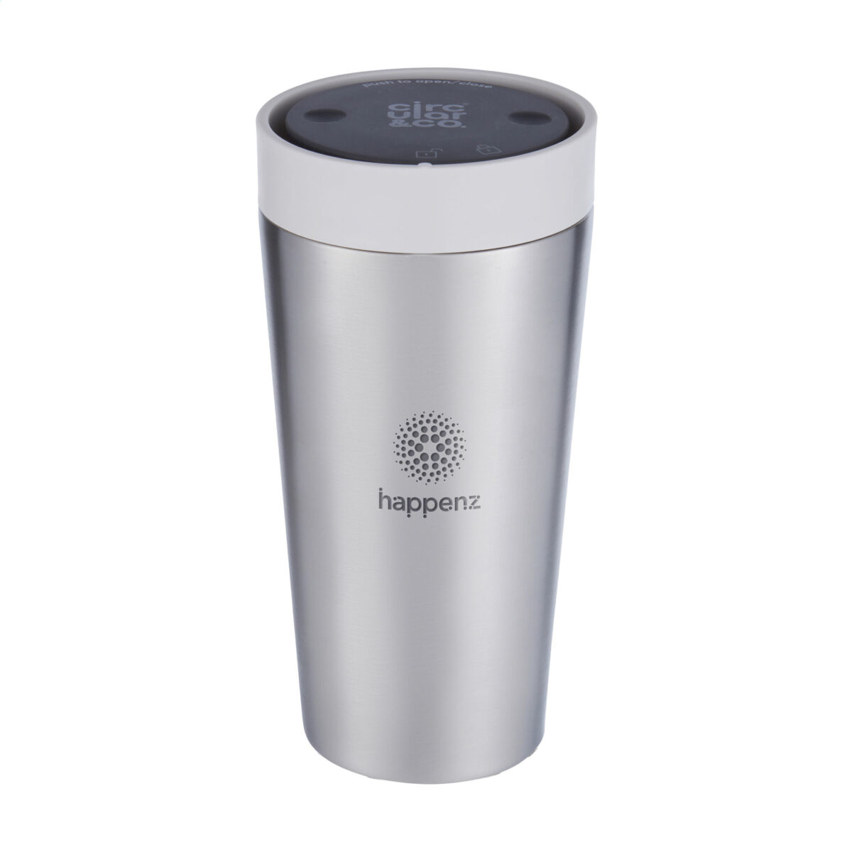Thermos réutilisable 340 ml, fabriqué en 98% d’acier inoxydable recyclé, avec couvercle innovant Quick-Click™ et Trust-Lock™. Personnalisation par gravure laser (avec ou sans nominatif) sur une zone de 35 x 35 mm. Dimensions : 8,4 x 20 cm – Poids : 276g – Disponible en blanc, bleu, vert et noir.