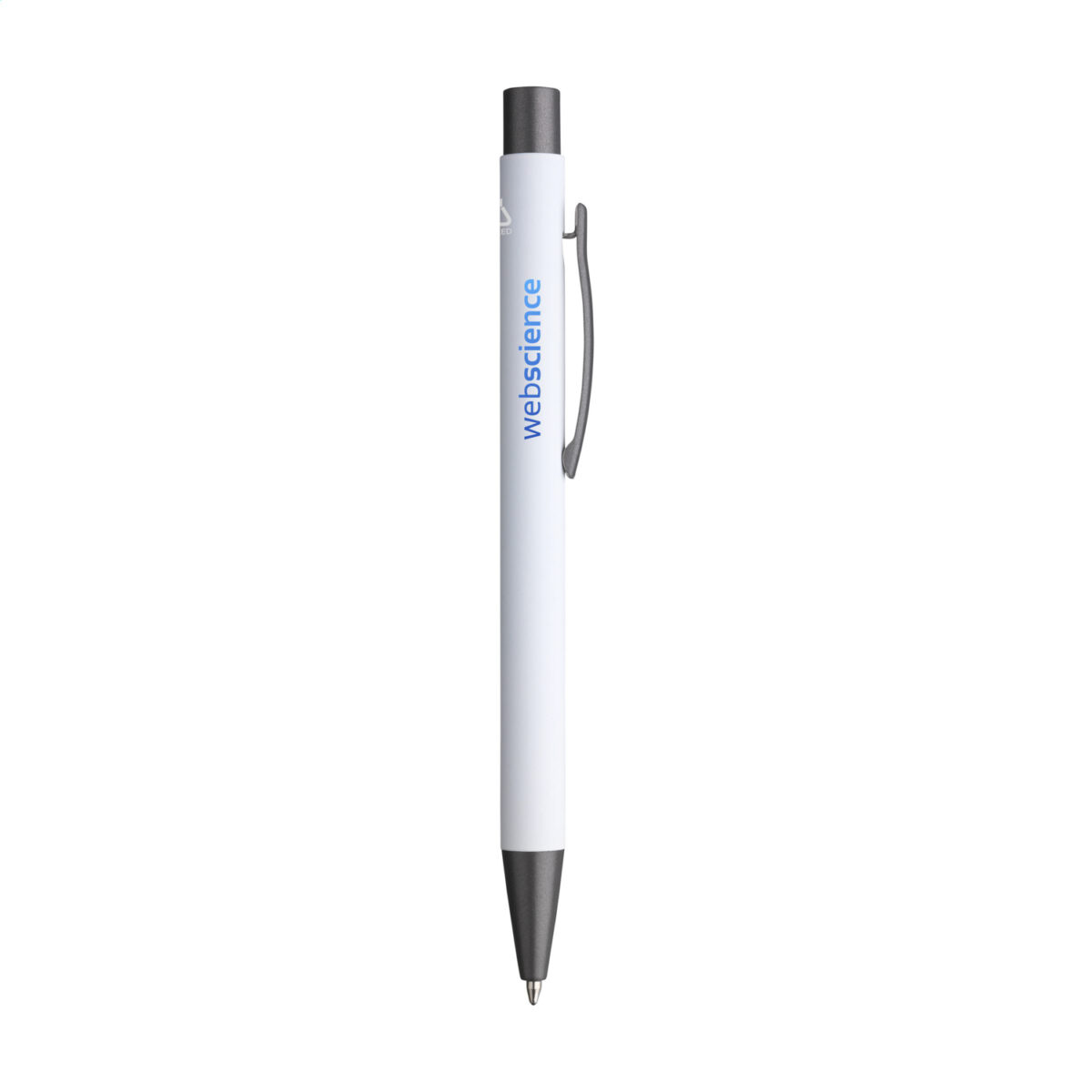 Stylo bille en aluminium recyclé, léger et élégant, avec encre bleue. Personnalisation par gravure laser ou impression numérique (quadri) sur plusieurs zones de marquage. Dimensions : 13,5 x 1 cm – Poids : 18g – Disponible en 8 couleurs.