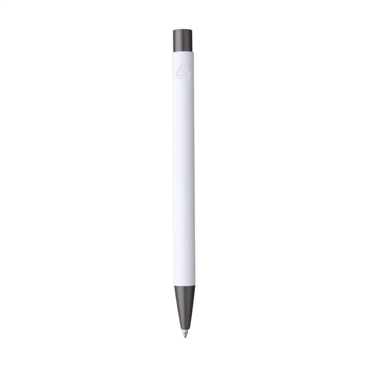 Stylo bille en aluminium recyclé, léger et élégant, avec encre bleue. Personnalisation par gravure laser ou impression numérique (quadri) sur plusieurs zones de marquage. Dimensions : 13,5 x 1 cm – Poids : 18g – Disponible en 8 couleurs.