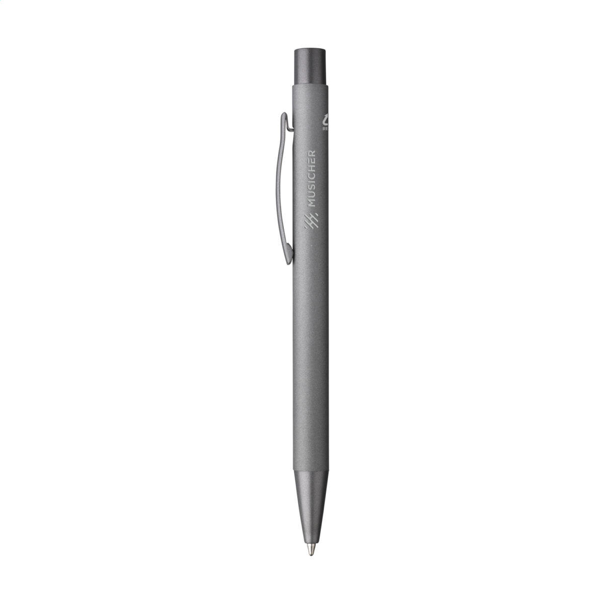 Stylo bille en aluminium recyclé, léger et élégant, avec encre bleue. Personnalisation par gravure laser ou impression numérique (quadri) sur plusieurs zones de marquage. Dimensions : 13,5 x 1 cm – Poids : 18g – Disponible en 8 couleurs.