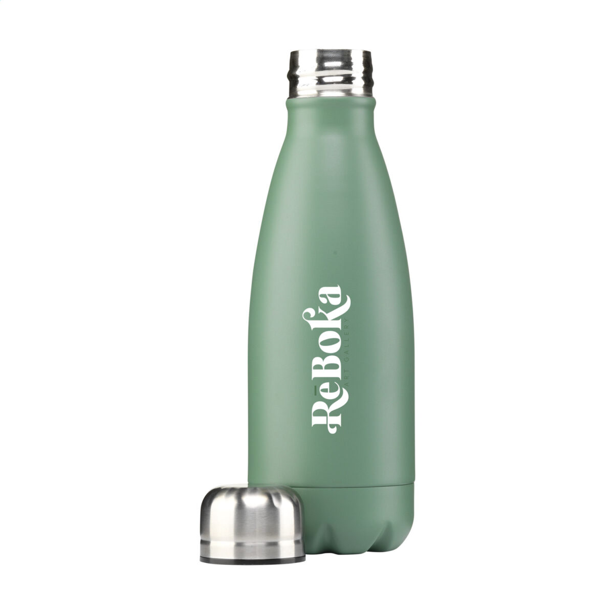 Bouteille 500 ml en acier inoxydable recyclé, personnalisable en gravure laser ou impression numérique (quadri), disponible en 6 couleurs.
