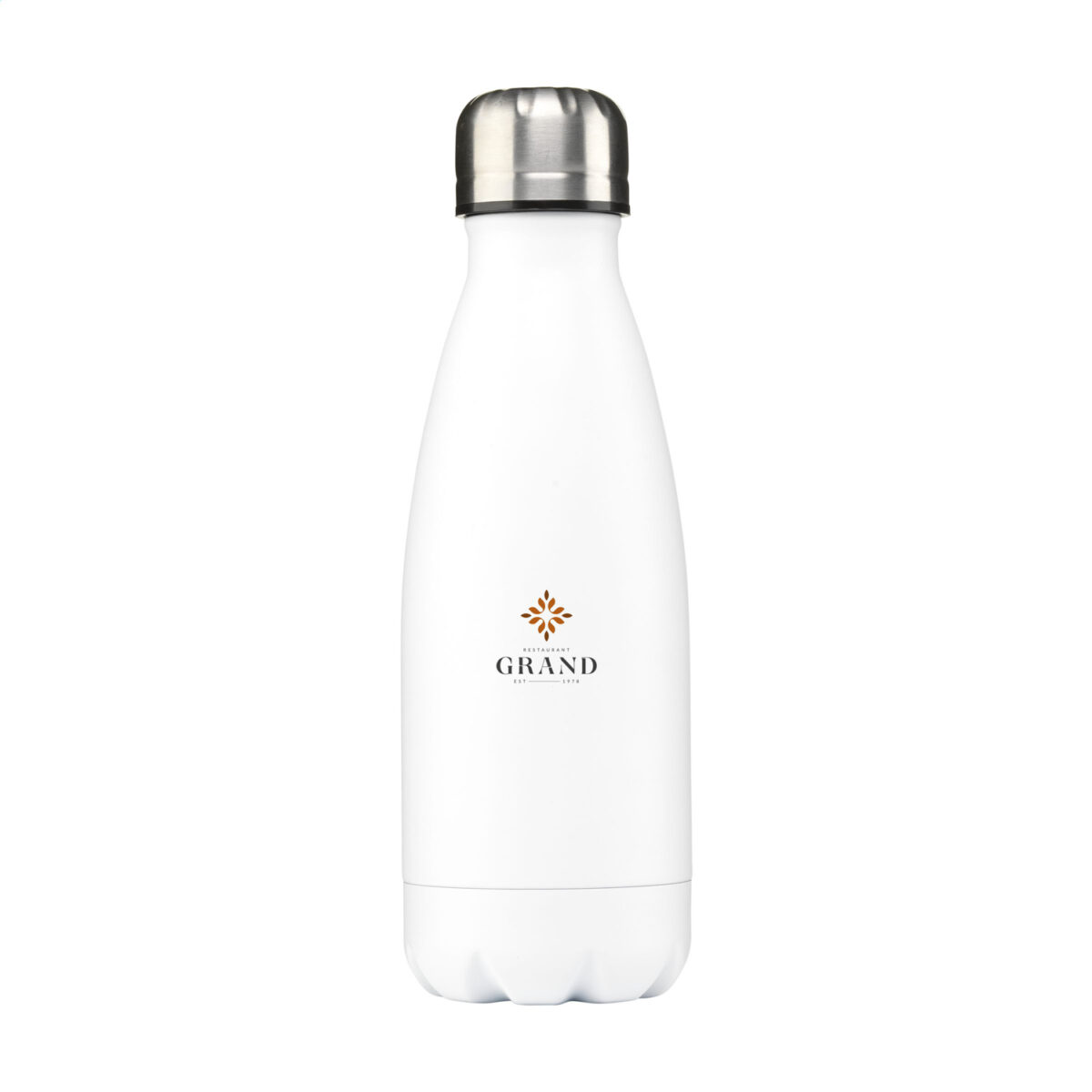 Bouteille 500 ml en acier inoxydable recyclé, personnalisable en gravure laser ou impression numérique (quadri), disponible en 6 couleurs.