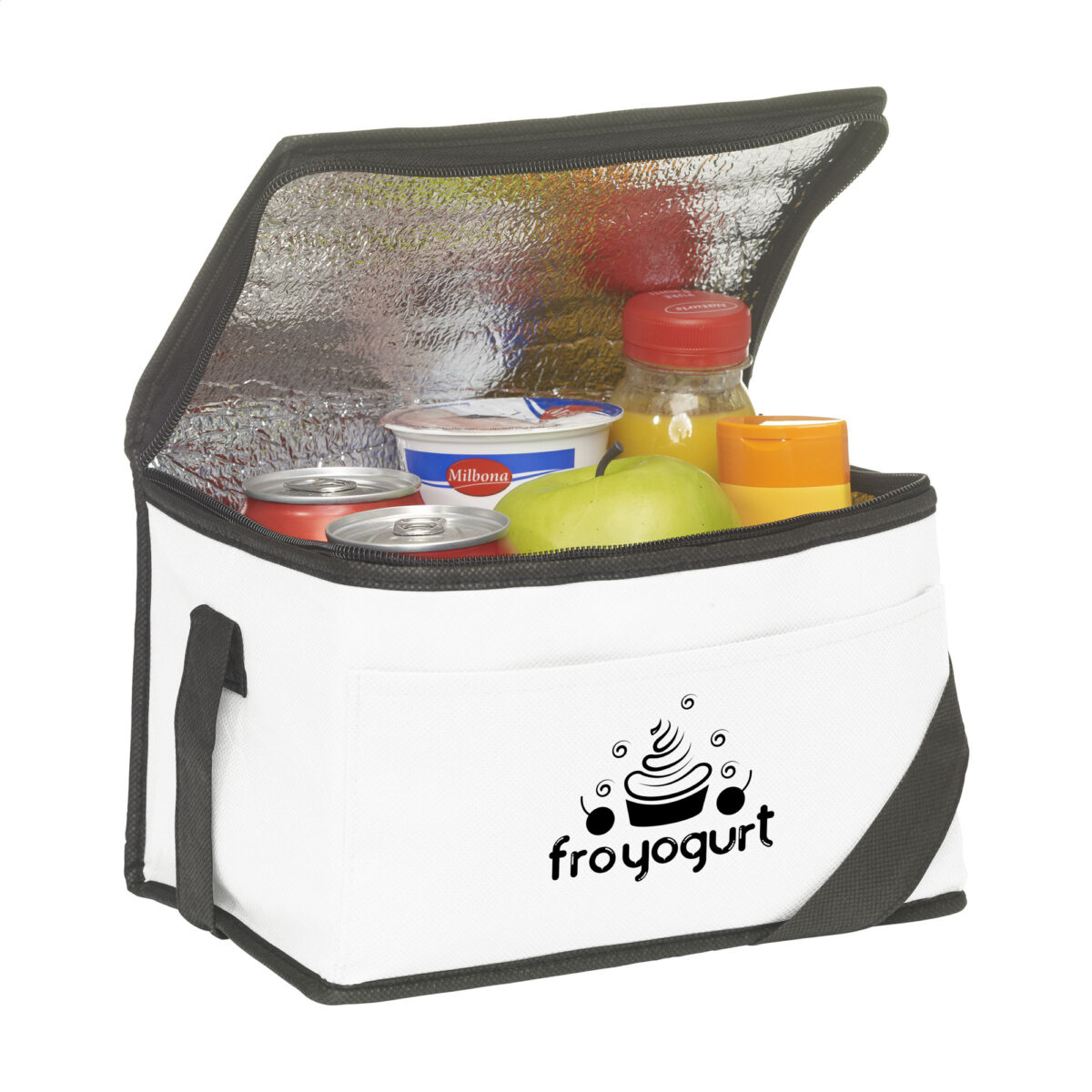 glacière isotherme 4L,sac glacière recyclé Cette <strong data-start="232" data-end="269">glacière isotherme compacte de 4L</strong> est fabriquée en <strong data-start="287" data-end="326">polyester recyclé non tissé 80 g/m²</strong>, certifié <strong data-start="337" data-end="344">GRS</strong> avec <strong data-start="350" data-end="377">82% de matière recyclée</strong>. Idéale pour transporter <strong data-start="403" data-end="425">jusqu'à 6 canettes</strong> ou des repas, elle maintient la température grâce à son revêtement isotherme. Fonctionnelle et légère (<strong data-start="529" data-end="537">40 g</strong>), elle dispose d'une <strong data-start="559" data-end="582">sangle de transport</strong> et d'une fermeture zippée. Disponible en <strong data-start="624" data-end="656">blanc, marine, rouge et noir</strong>, elle est personnalisable en <strong data-start="686" data-end="711">sérigraphie 1 couleur</strong> sur la face supérieure (<strong data-start="736" data-end="751">150 x 70 mm</strong>) ou sur la poche avant (<strong data-start="776" data-end="791">150 x 60 mm</strong>).