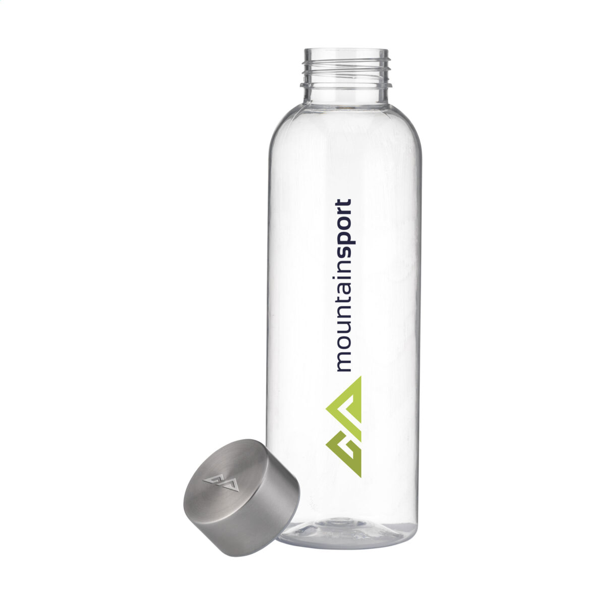 Bouteille d'eau de 500 ml en PET recyclé (RPET) avec un bouchon en inox. Disponible en plusieurs couleurs : translucide, bleu, turquoise, orange, rouge, vert et noir. Personnalisation par gravure laser sur le bouchon (30 mm) ou impression numérique en quadri sur différentes zones : 24 x 135 mm (face avant), 208 x 150 mm (circulaire). Option de marquage nominatif. Poids : 70 g. Dimensions : 6,5 x 21 cm.