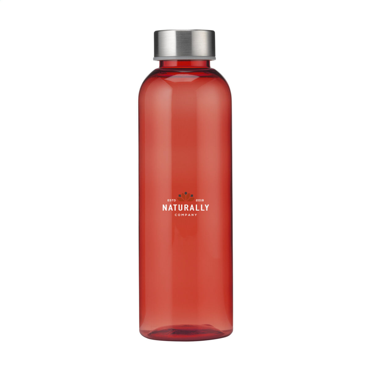 Bouteille d'eau de 500 ml en PET recyclé (RPET) avec un bouchon en inox. Disponible en plusieurs couleurs : translucide, bleu, turquoise, orange, rouge, vert et noir. Personnalisation par gravure laser sur le bouchon (30 mm) ou impression numérique en quadri sur différentes zones : 24 x 135 mm (face avant), 208 x 150 mm (circulaire). Option de marquage nominatif. Poids : 70 g. Dimensions : 6,5 x 21 cm.