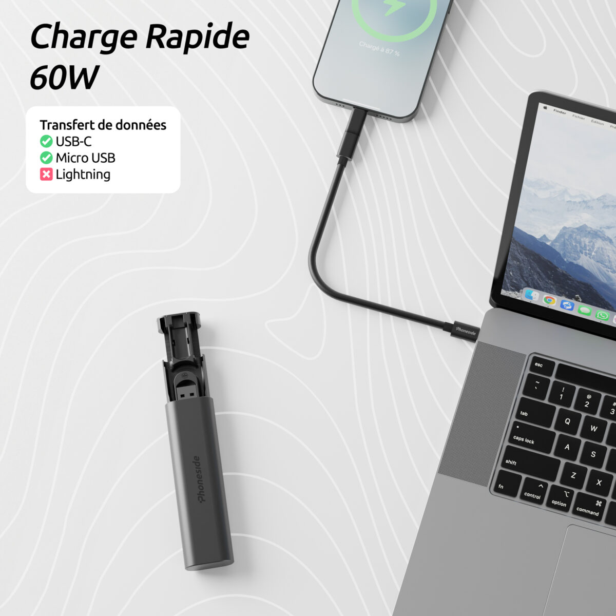 Kit de connectivité tout-en-un comprenant un câble USB-C 60W, des adaptateurs Lightning, Micro USB et USB-A, ainsi qu’un emplacement pour carte Micro SD et Nano SIM avec éjecteur de SIM intégré.