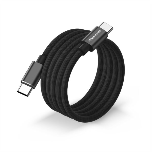 Câble magnétique en nylon, conçu pour un rangement facile grâce à ses aimants intégrés. Compatible USB-C vers USB-C, certifié MFI pour une connexion fiable avec les appareils Apple. Dimensions : 9 x 9 x 2.5 cm. Poids : 63 g. Personnalisable par gravure laser sur une zone de marquage de 15 x 4.5 mm. Disponible avec ou sans emballage personnalisé pouvant se transformer en support de téléphone.