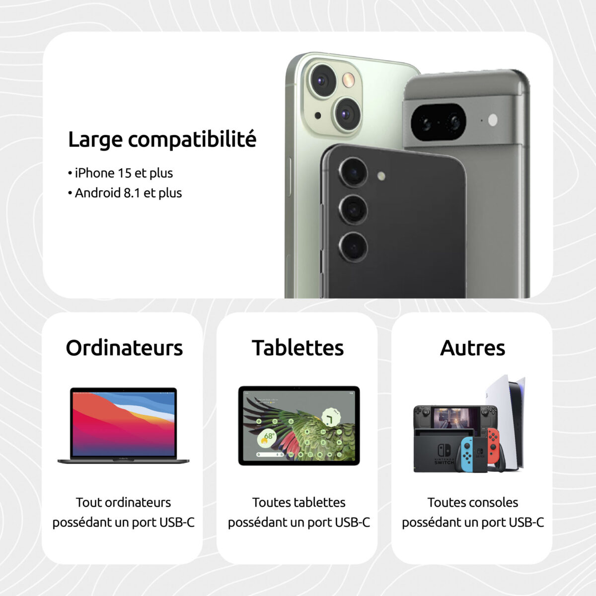 cable magnétique usb-c,cable magnétique <strong data-start="181" data-end="201">Câble magnétique</strong> en nylon, conçu pour un rangement facile grâce à ses aimants intégrés. Compatible USB-C vers USB-C, certifié MFI pour une connexion fiable avec les appareils Apple. Dimensions : 9 x 9 x 2.5 cm. Poids : 63 g. Personnalisable par <strong data-start="430" data-end="447">gravure laser</strong> sur une zone de marquage de 15 x 4.5 mm. Disponible avec ou sans <strong data-start="513" data-end="539" data-is-only-node="">emballage personnalisé</strong> pouvant se transformer en support de téléphone.