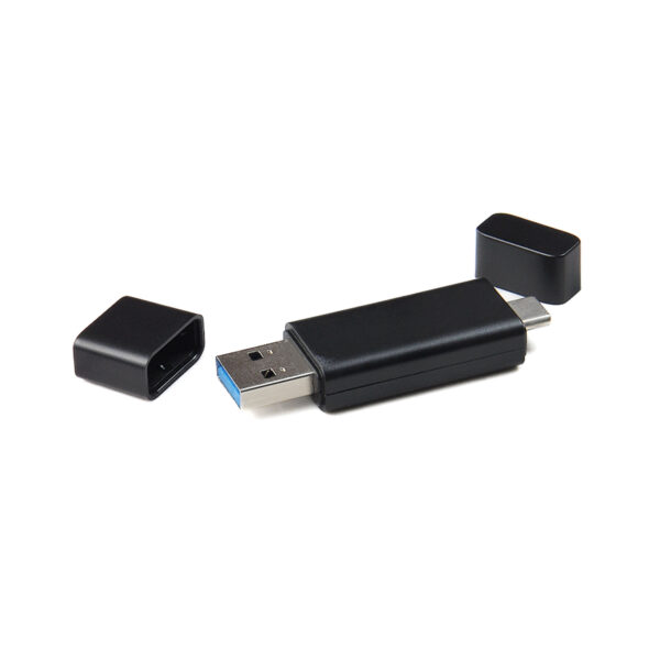 Clé USB 8 GB, 16 GB ou 32 GB fabriquée en ABS recyclé, équipée d’un double connecteur USB 3.0 et USB-C pour une compatibilité étendue avec PC, Mac, Linux et smartphones. Dimensions : 62 x 19 x 10 mm. Poids : 25,5 g. Personnalisable par impression numérique sur une zone de 19 x 60 mm. Fournie avec un manuel dématérialisé. Made in France.