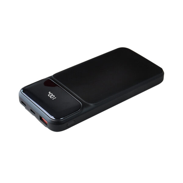 Powerbank 10 000 mAh en ABS recyclé personnalisable avec câble intégré. Gravure laser possible, charge rapide 22,5W, format compact.