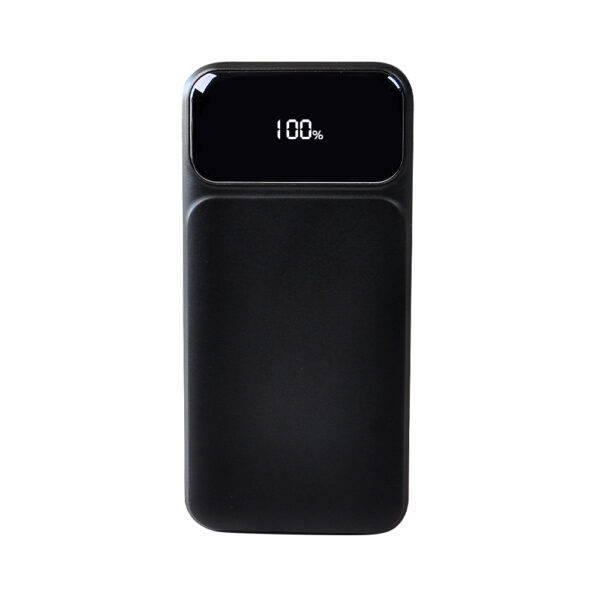 Powerbank 10 000 mAh en ABS recyclé personnalisable avec câble intégré. Gravure laser possible, charge rapide 22,5W, format compact.