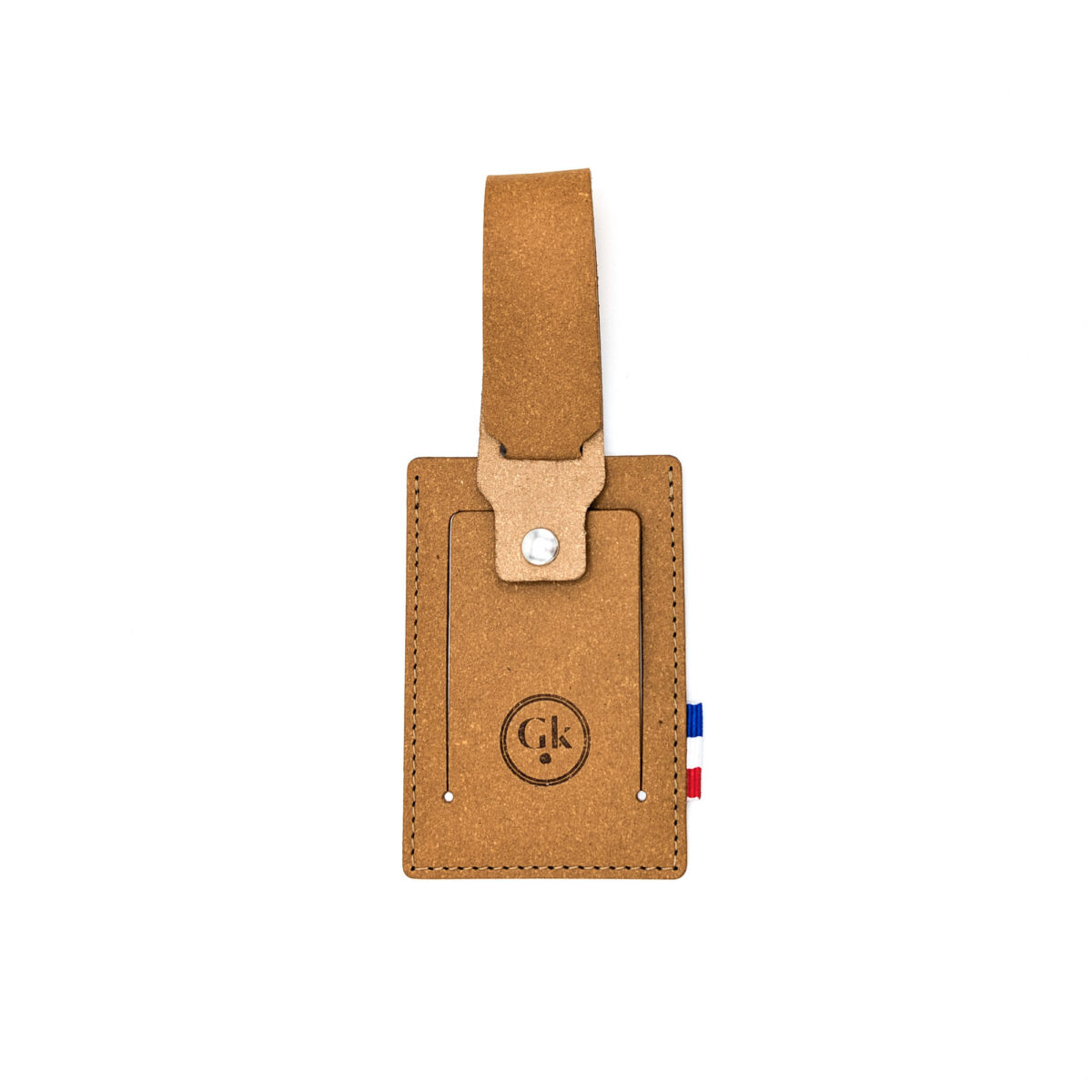 Porte étiquette bagage en cuir recyclé personnalisé modèle 03. Fabriqué en France, 11 couleurs, embossage ou dorure à chaud.