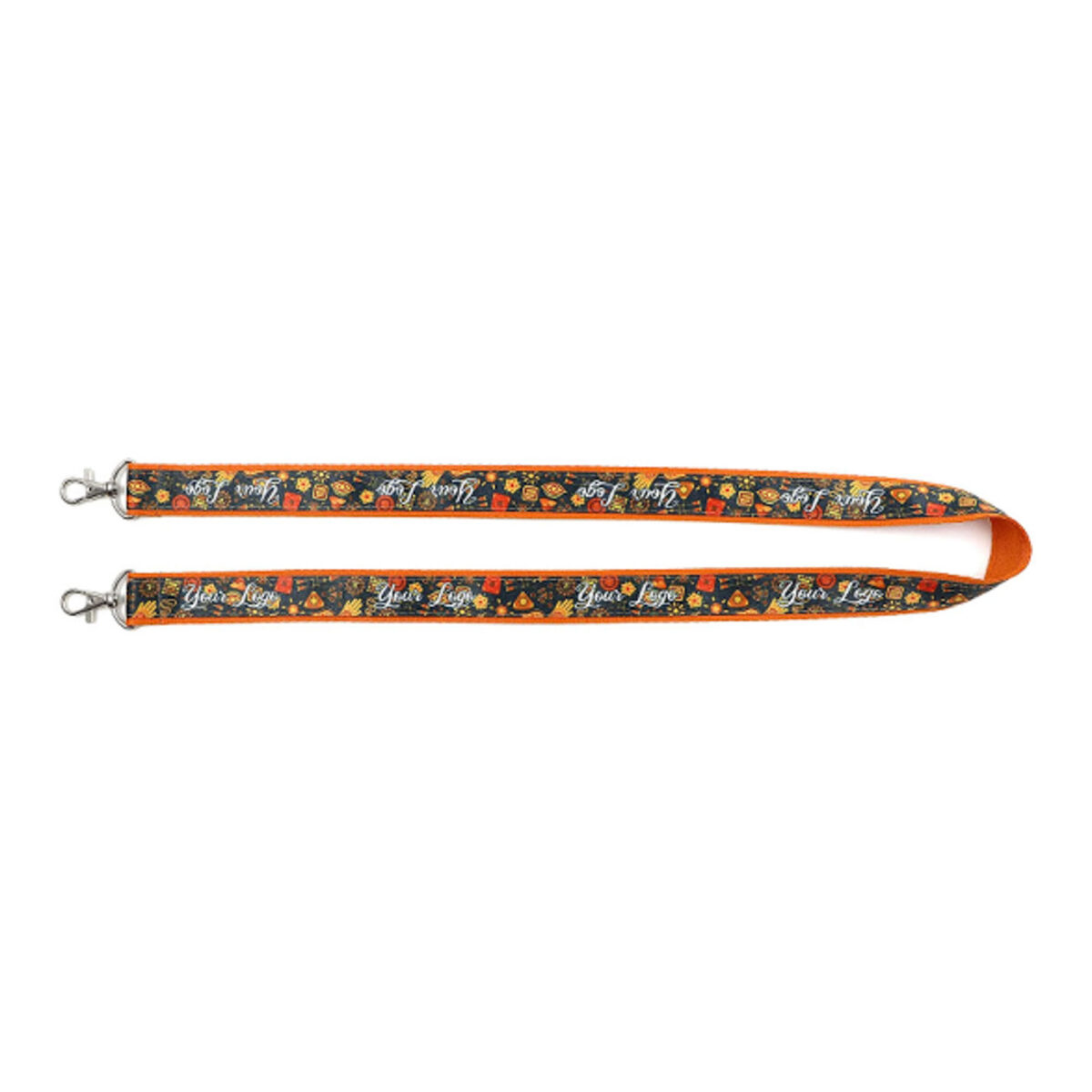 Tour de cou cousu personnalisé avec ruban sublimé sur bande unie, polyester 14 couleurs. Mousquetons et marquage en Pantone.