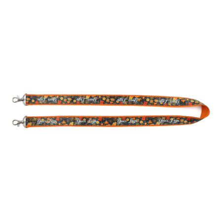 Tour de cou cousu personnalisé avec ruban sublimé sur bande unie, polyester 14 couleurs. Mousquetons et marquage en Pantone.