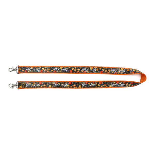 Tour de cou cousu personnalisé avec ruban sublimé sur bande unie, polyester 14 couleurs. Mousquetons et marquage en Pantone.