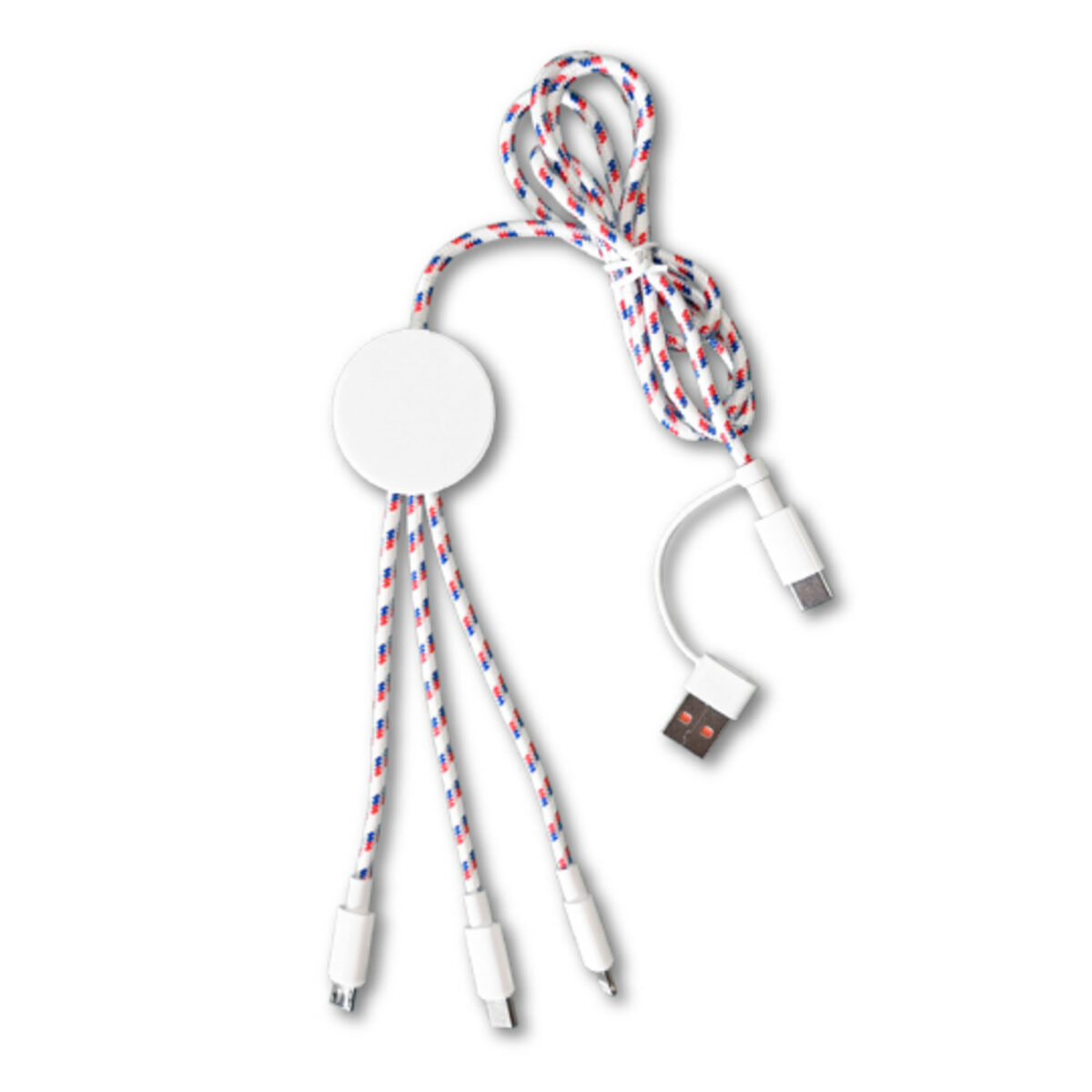 multicâble personnalisable fabriqué en France <strong data-start="321" data-end="363">Multicâble Français 5 en 1 20W</strong> en coque PET recyclé et câble en polyester recyclé, dimensions 114 x 4 x 1,5 cm, poids 0,05 kg. Entrée USB-C avec adaptateur USB-A fourni, sorties USB-C, Lightning et Micro-USB. Personnalisation en impression numérique quadri sur zone Ø 6,3 cm.<strong> Emballage personnalisable</strong> en 13,5 x 7 x 3 cm.