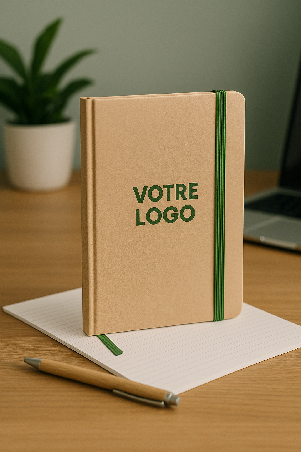 Carnet personnalisé écoresponsable posé sur un bureau
