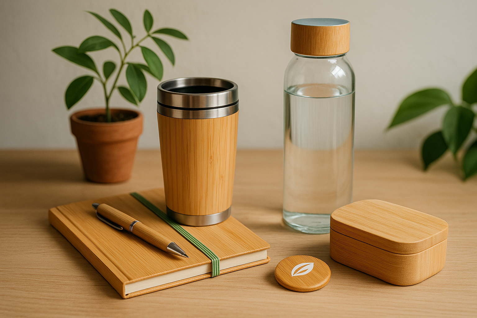 Goodies sans plastique en bambou, bois et verre présentés sur un bureau écoresponsable