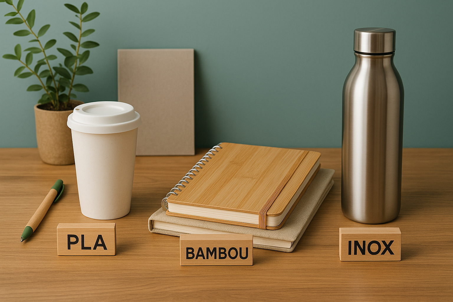 Objets publicitaires en PLA, bambou et inox disposés sur un bureau écoresponsable