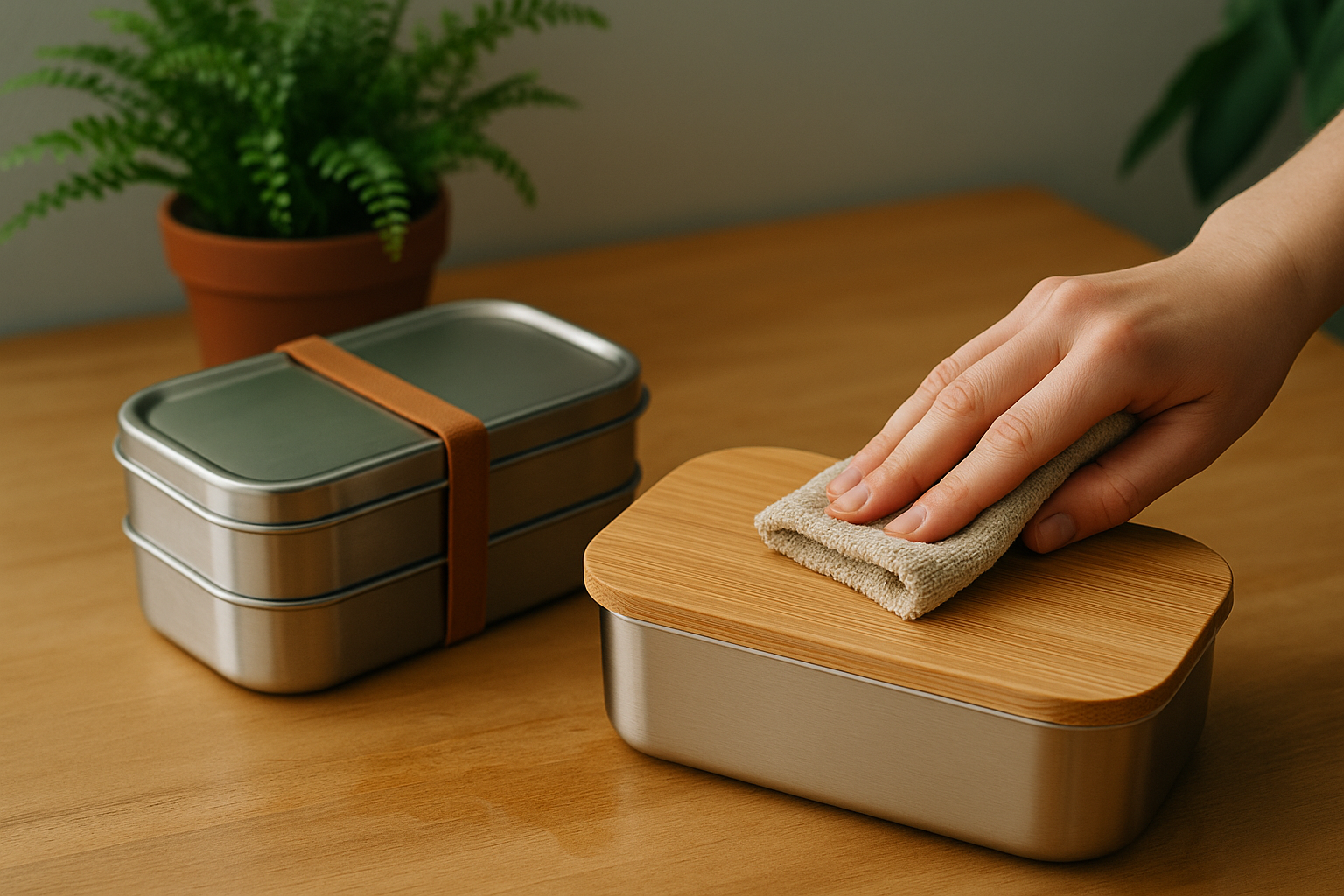 Nettoyage d'une lunch box en bambou et inox avec un chiffon en fibres naturelles