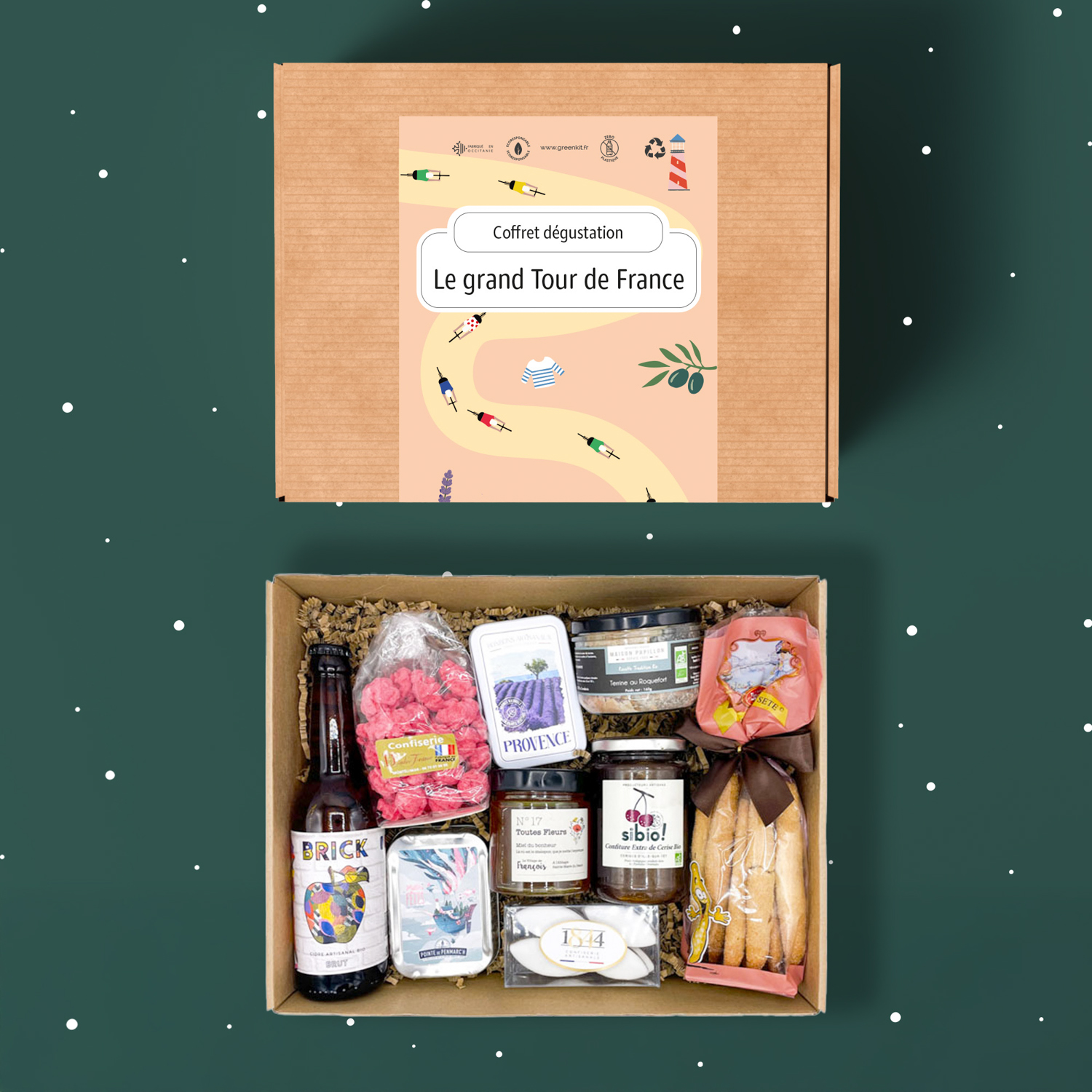 CG00015 grand coffret spécialités france Un voyage gourmand à travers les régions françaises : biscuits, confiseries, miel, terrine et cidre bio. Une sélection généreuse pour découvrir le meilleur de nos terroirs.