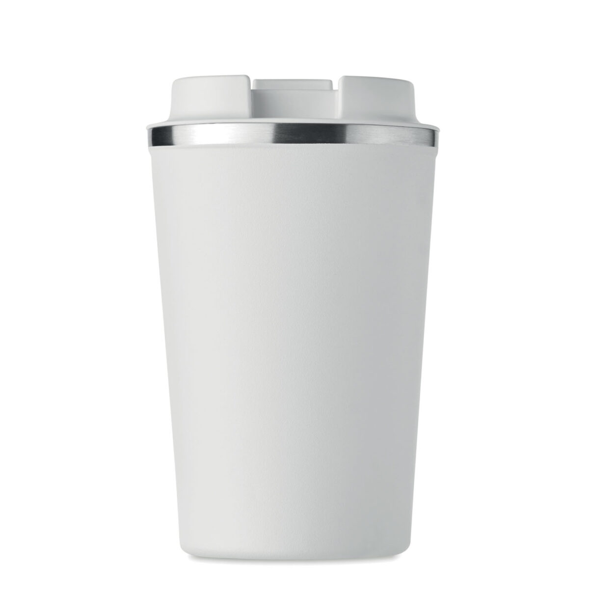 thermos en acier inox <b>Gobelet en acier inoxydable à double paroi</b> de <b>350 ml</b> avec <b>couvercle en PP</b>, dimensions <b>8,5 x 8,5 x 14 cm</b> pour un poids de <b>293 g</b>. <b>Étanche</b>, <b>isotherme</b> et compatible <b>lave-vaisselle</b>, disponible en <b>Beige</b>, <b>Blanc</b>, <b>Bleu</b>, <b>Métal</b>, <b>Noir</b> et <b>Vert</b>. Personnalisation par <b>gravure laser</b>, <b>gravure laser 360°</b>, <b>impression numérique 360° (quadri)</b> ou <b>sérigraphie circulaire (1 couleur)</b> avec <b>zones de marquage</b> dédiées sur le corps du gobelet.