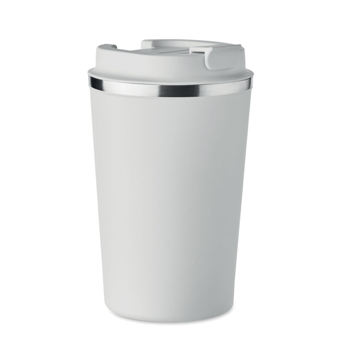 thermos en acier inox <b>Gobelet en acier inoxydable à double paroi</b> de <b>350 ml</b> avec <b>couvercle en PP</b>, dimensions <b>8,5 x 8,5 x 14 cm</b> pour un poids de <b>293 g</b>. <b>Étanche</b>, <b>isotherme</b> et compatible <b>lave-vaisselle</b>, disponible en <b>Beige</b>, <b>Blanc</b>, <b>Bleu</b>, <b>Métal</b>, <b>Noir</b> et <b>Vert</b>. Personnalisation par <b>gravure laser</b>, <b>gravure laser 360°</b>, <b>impression numérique 360° (quadri)</b> ou <b>sérigraphie circulaire (1 couleur)</b> avec <b>zones de marquage</b> dédiées sur le corps du gobelet.