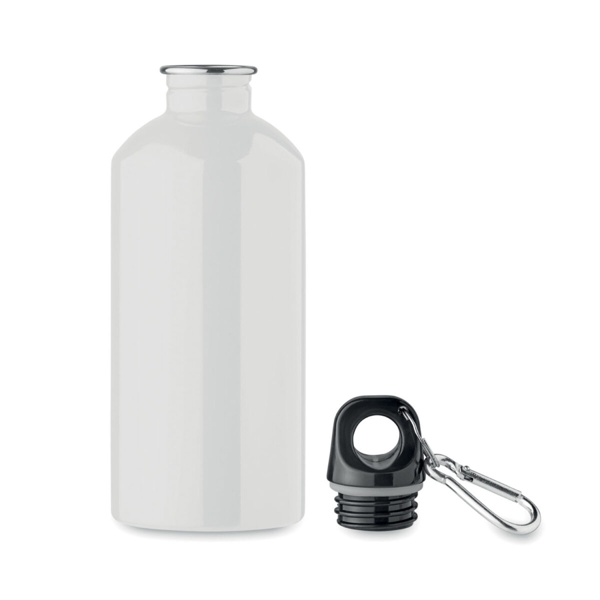 bouteille en acier inox recyclé personnalisable Bouteille monocouche en <b>acier inoxydable recyclé</b> avec <b>mousqueton</b>, contenance <b>500 ml / 50 cl</b>, dimensions <b>6,5 x 6,5 x 19 cm</b>, poids <b>0,124 kg</b>, équipée d’un corps <b>étanche</b> et compatible <b>lave-vaisselle</b>, disponible en plusieurs <b>couleurs</b> et personnalisable par <b>gravure laser</b>, <b>gravure laser 360°</b> ou <b>impression numérique 360° (quadri)</b>, avec zones de marquage dédiées, également proposée <b>sans personnalisation</b> pour un usage en <b>goodies tendance</b>, <b>cadeau commercial</b> ou <b>cadeaux collaborateurs</b>.