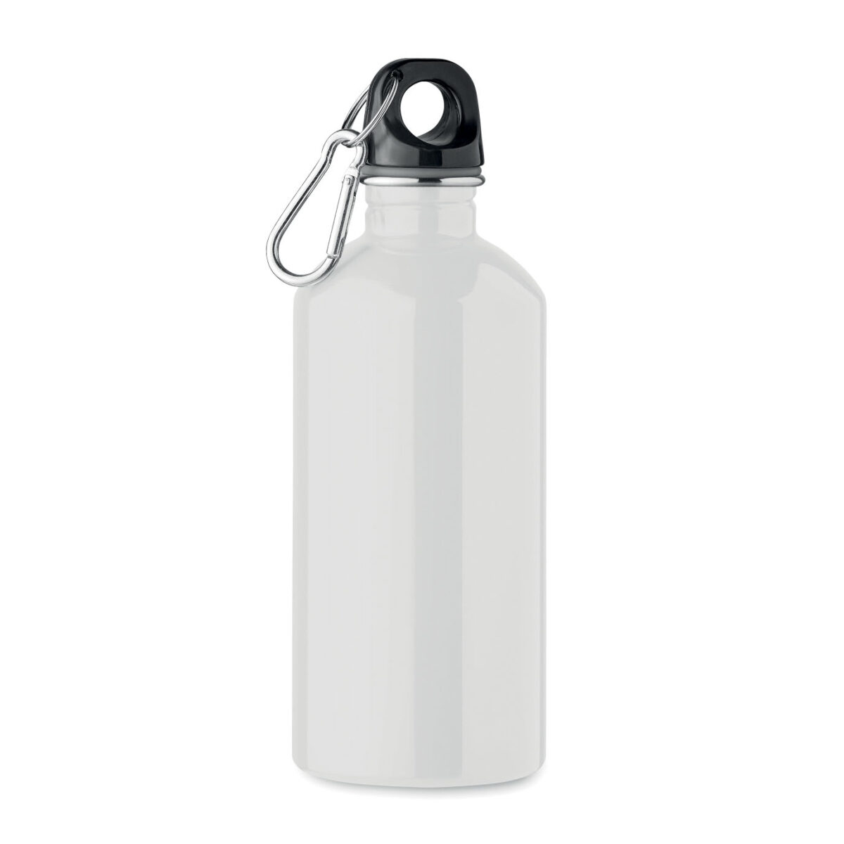 bouteille en acier inox recyclé personnalisable Bouteille monocouche en <b>acier inoxydable recyclé</b> avec <b>mousqueton</b>, contenance <b>500 ml / 50 cl</b>, dimensions <b>6,5 x 6,5 x 19 cm</b>, poids <b>0,124 kg</b>, équipée d’un corps <b>étanche</b> et compatible <b>lave-vaisselle</b>, disponible en plusieurs <b>couleurs</b> et personnalisable par <b>gravure laser</b>, <b>gravure laser 360°</b> ou <b>impression numérique 360° (quadri)</b>, avec zones de marquage dédiées, également proposée <b>sans personnalisation</b> pour un usage en <b>goodies tendance</b>, <b>cadeau commercial</b> ou <b>cadeaux collaborateurs</b>.
