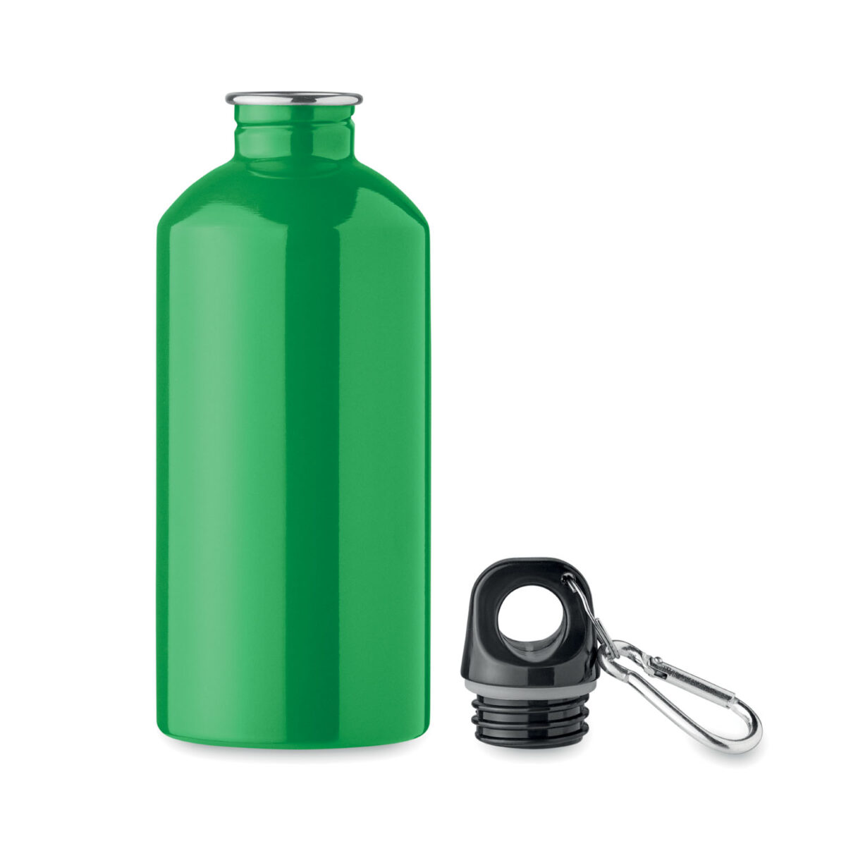 bouteille en acier inox recyclé personnalisable Bouteille monocouche en <b>acier inoxydable recyclé</b> avec <b>mousqueton</b>, contenance <b>500 ml / 50 cl</b>, dimensions <b>6,5 x 6,5 x 19 cm</b>, poids <b>0,124 kg</b>, équipée d’un corps <b>étanche</b> et compatible <b>lave-vaisselle</b>, disponible en plusieurs <b>couleurs</b> et personnalisable par <b>gravure laser</b>, <b>gravure laser 360°</b> ou <b>impression numérique 360° (quadri)</b>, avec zones de marquage dédiées, également proposée <b>sans personnalisation</b> pour un usage en <b>goodies tendance</b>, <b>cadeau commercial</b> ou <b>cadeaux collaborateurs</b>.