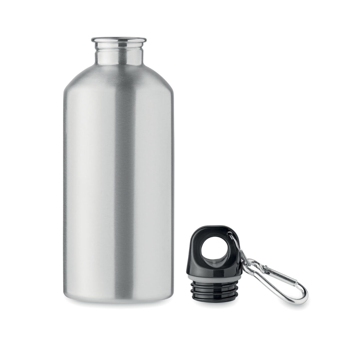 bouteille en acier inox recyclé personnalisable Bouteille monocouche en <b>acier inoxydable recyclé</b> avec <b>mousqueton</b>, contenance <b>500 ml / 50 cl</b>, dimensions <b>6,5 x 6,5 x 19 cm</b>, poids <b>0,124 kg</b>, équipée d’un corps <b>étanche</b> et compatible <b>lave-vaisselle</b>, disponible en plusieurs <b>couleurs</b> et personnalisable par <b>gravure laser</b>, <b>gravure laser 360°</b> ou <b>impression numérique 360° (quadri)</b>, avec zones de marquage dédiées, également proposée <b>sans personnalisation</b> pour un usage en <b>goodies tendance</b>, <b>cadeau commercial</b> ou <b>cadeaux collaborateurs</b>.