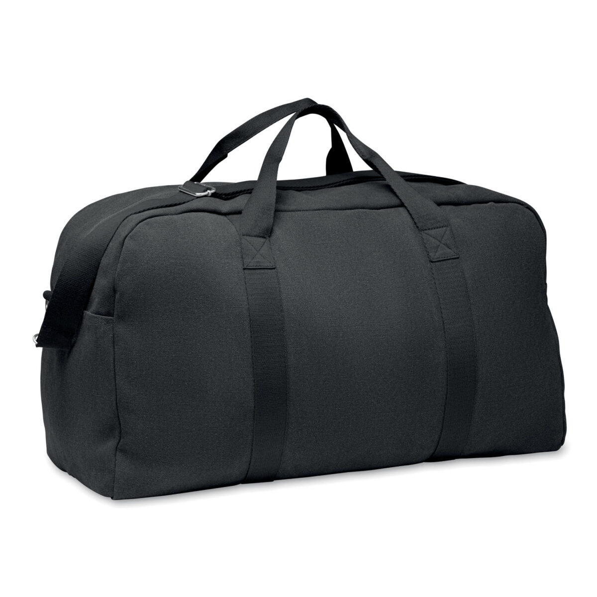 sac de voyage en coton recyclé Sac de voyage en <b>tissu recyclé 450 g/m²</b> composé de <b>60% coton recyclé</b> et <b>40% polyester recyclé</b>, avec <b>sangle en coton réglable et détachable</b>, dimensions <b>57 x 33 x 27,5 cm</b> pour un poids de <b>0,52 kg</b>, personnalisable en <b>sérigraphie 1 ou 2 couleurs</b> ou en <b>transfert numérique quadri</b> sur des zones de marquage dédiées.