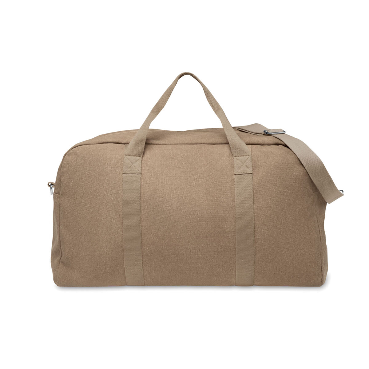 sac de voyage en coton recyclé Sac de voyage en <b>tissu recyclé 450 g/m²</b> composé de <b>60% coton recyclé</b> et <b>40% polyester recyclé</b>, avec <b>sangle en coton réglable et détachable</b>, dimensions <b>57 x 33 x 27,5 cm</b> pour un poids de <b>0,52 kg</b>, personnalisable en <b>sérigraphie 1 ou 2 couleurs</b> ou en <b>transfert numérique quadri</b> sur des zones de marquage dédiées.