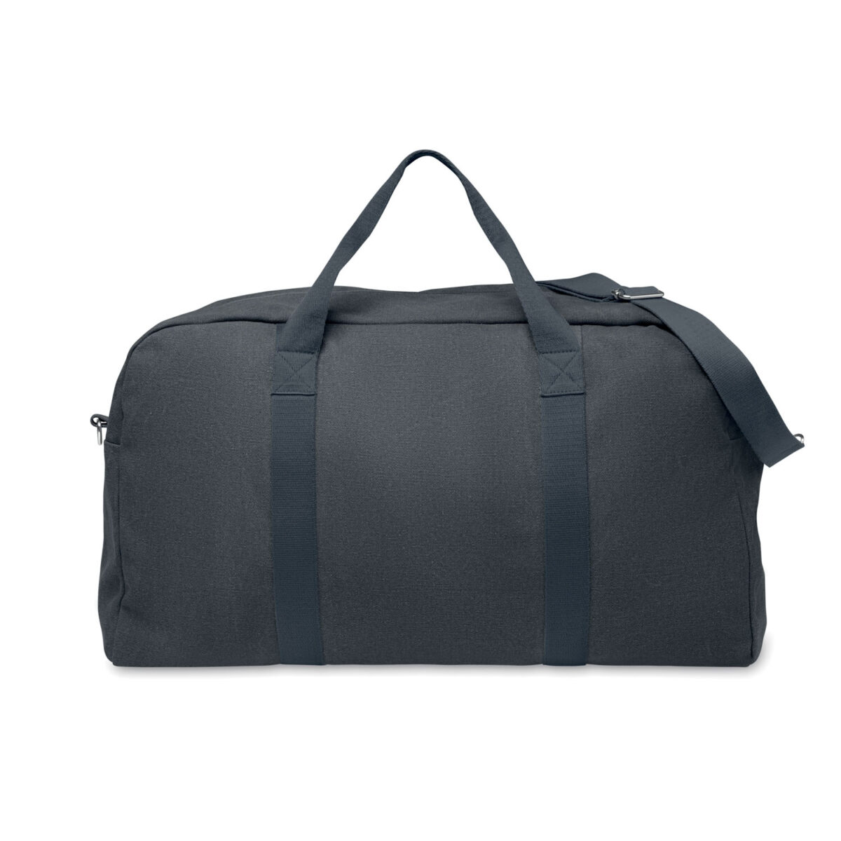 sac de voyage en coton recyclé Sac de voyage en <b>tissu recyclé 450 g/m²</b> composé de <b>60% coton recyclé</b> et <b>40% polyester recyclé</b>, avec <b>sangle en coton réglable et détachable</b>, dimensions <b>57 x 33 x 27,5 cm</b> pour un poids de <b>0,52 kg</b>, personnalisable en <b>sérigraphie 1 ou 2 couleurs</b> ou en <b>transfert numérique quadri</b> sur des zones de marquage dédiées.