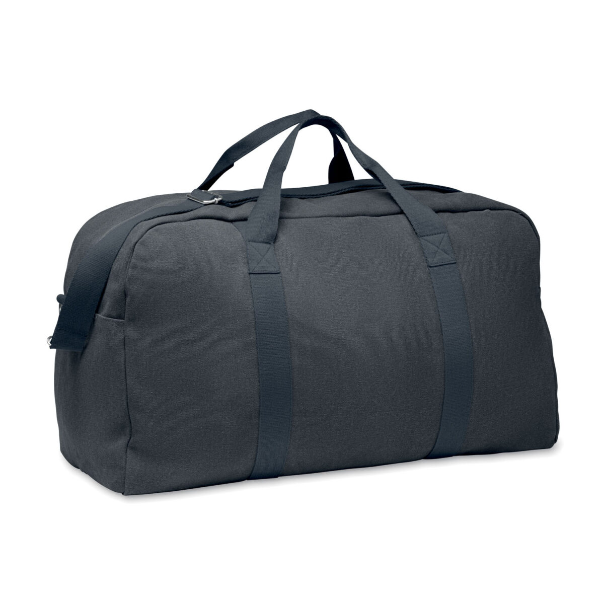 sac de voyage en coton recyclé Sac de voyage en <b>tissu recyclé 450 g/m²</b> composé de <b>60% coton recyclé</b> et <b>40% polyester recyclé</b>, avec <b>sangle en coton réglable et détachable</b>, dimensions <b>57 x 33 x 27,5 cm</b> pour un poids de <b>0,52 kg</b>, personnalisable en <b>sérigraphie 1 ou 2 couleurs</b> ou en <b>transfert numérique quadri</b> sur des zones de marquage dédiées.